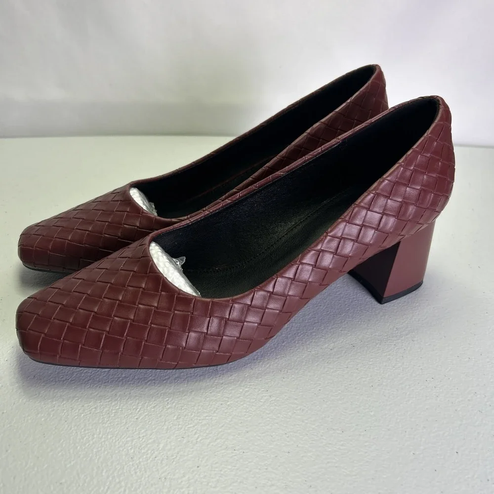 NEWBELLA Women's Woven Square Toe Block Heel Pumps Burgundy Wine Red Size 9 NIB